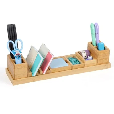 Abbildung von BELLE VOUS Schreibtisch Organizer Holz 6 verstellbare Fächer Aufbewahrungsset für Schreibtischzubehör Tisch Büroorganisation