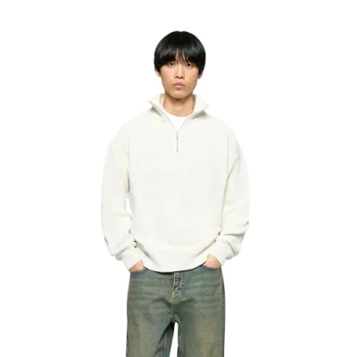 Abbildung von Knit Half Zip Sweater Ecru Herren Pullover Regular Fit Grobstrick &amp; Stehkragen Mit B Stitching 96% Baumwolle, 4% Polyester, Größe:XS, Farbe:Ecru