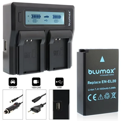 Abbildung von Blumax Akku EN EL20 800mAh + Doppelladegerät Dual Charger passend zu Nikon DL 24 500 1 AW1 J1 J2 J3 S1 V3 COOLPIX A Blackmagic Pocket Cinema 2 Akkus gleichzeitig Laden