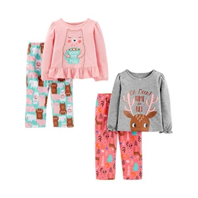 Abbildung von Simple Joys by Carter&#039;s Mädchen 4 teiliges Schlafanzug Set (Baumwolloberteil und Fleece Hose), Grau Rentieraufdruck/Hellrosa Bär/Minzgrün/Rosa, 5 Jahre