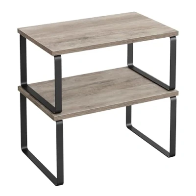 Abbildung von SONGMICS Gewürzregal, 2er Set Küchen Organizer, Küchenregal, Schrank Organizer Küche, erweiterbar, kleines Regal, stapelbar, Metall und Holzwerkstoff, tintenschwarz greige meliert KCS020X02