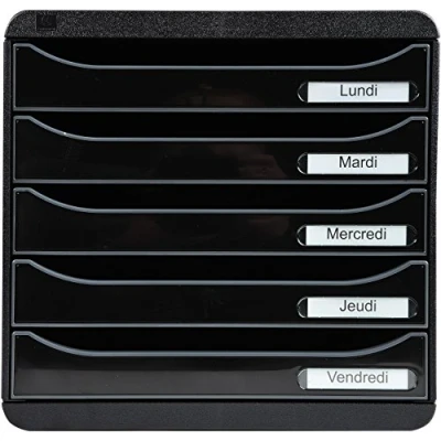 Abbildung von Exacompta 3097214D Premium Ablagebox mit 5 Schubladen für DIN A4+ Dokumente. Stapelbare Schubladenbox hoher Kapazität mehr Platz auf dem Schreibtisch Big Box Plus Glossy SchwarzGrau