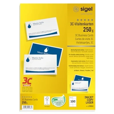 Abbildung von SIGEL LP853 Visitenkarten 3C, 100 Stück (10 Blatt), beidseitig bedruckbar, hochweiß, glatter Schnitt rundum, 250 g, 85x55 mm