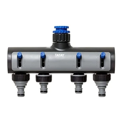 Abbildung von TATAY 4 Wege Verteiler Premium, Für 1/2&quot;, 3/4&quot; und 1&quot; Wasserhähne, Universalverbinder, Regulator, Sonnenschutz, Einfache Installation, Grau Schwarz