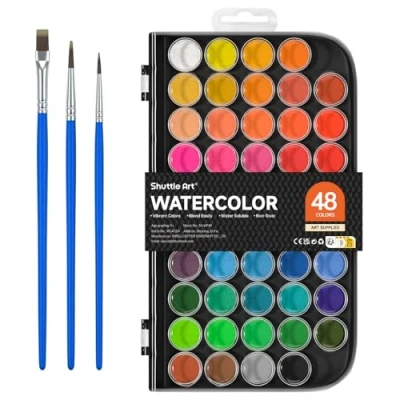 Abbildung von Shuttle Art Wasserfarben, 48 Aquarellfarben Kasten mit 3 Pinseln, Aquarellfarben, für Kinder, Erwachsene und Anfänger in der Schule zu Hause geeignet