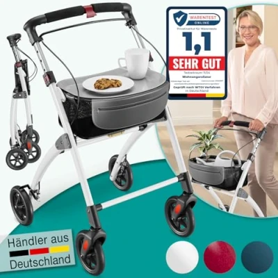 Abbildung von maxVitalis Wohnungsrollator 54cm breit, faltbar und leicht, inkl. Tablett &amp; Stoffkorb, Rollator schmal für die Wohnung, Indoor Rollator, klappbar, Aluminium,Mobilität Zuhause weiß