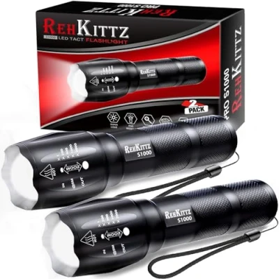 Abbildung von REHKITTZ Taschenlampe, Extrem Hell Tragbare Handlampe 2 Stück, 2000 Lumen, Wandern Camping Taschenlampe LED, Taktische Outdoor Aluminium Alloy Material Mit 5 Licht Modi und Zoom
