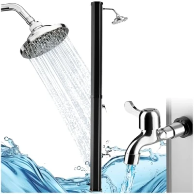 Abbildung von tectake® Solardusche 35 Liter, Gartendusche Regenduschkopf und Wasserhahn, warmes Wasser für Garten, als Campingdusche, Pooldusche Gartenschlauch Anschluss, solar Shower Aussendusche schwarz/Silber