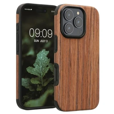 Abbildung von kwmobile Hülle kompatibel mit Apple iPhone 16 Pro Holz TPU Case Handy Schutzhülle Backcover Cover Maserung Braun
