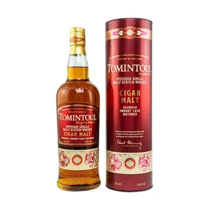 Abbildung von Tomintoul Single Malt Scotch Whisky Cigar Reifung in Oloroso Sherryfässern Süße und würzige Aromen 40% vol. 700 ml