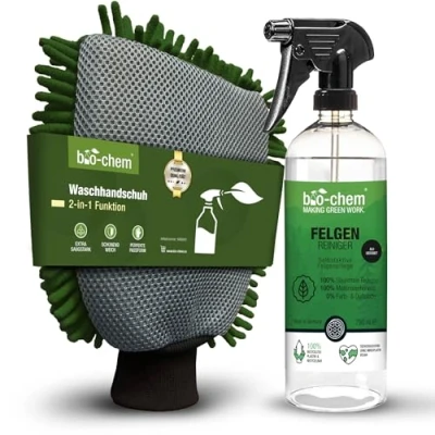 Abbildung von bio chem Felgenreiniger 750 ml inkl. 2 in 1 Mikrofaser Schwamm Extrem stark gegen Schmutz, sanft zu Allen Felgen: Stahl und Alufelgen, Chrom poliert matt säurefrei biologisch abbaubar