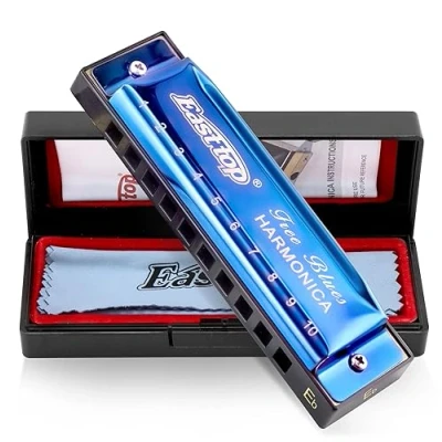 Abbildung von East Top Blues Diatonische Mundharmonika Key of Bb 10 Löcher 20 Töne Für Erwachsene, Anfänger, Profispieler und Studenten （Blau）