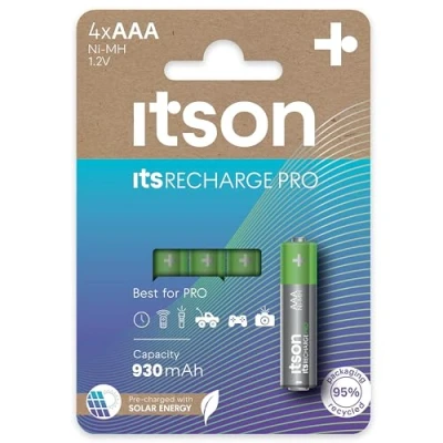 Abbildung von ITSON, Akkus AAA, PRO, 4 Stück, leistungsstarke wiederaufladbare Akkus, Kapazität mit min. 930 mAh, Verpackung 95% recycelt, Made in Japan, am besten für Spielcontroller, Kinderspielzeuge