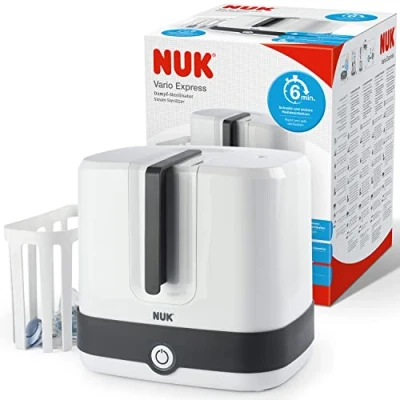 Abbildung von NUK Vario Express Flaschensterilisator sterilisiert bis zu 6 Babyflaschen plus Zubehör in Minuten auf Wasserdampfbasisautomatische Abschaltung herausnehmbarer Korb &amp; versetzbare StäbeEU Stecker