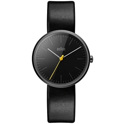 Abbildung von Braun Unisex Ceramic 3 Hand Analogue Quartz Watch, Black Dial and Leather Strap, 38mm Case, Model BN0172BKBKL.