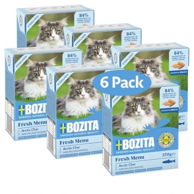 Abbildung von Bozita Sterilised Nassfutter Häppchen in Sauce mit viel Saibling 6er Pack 370g appetitliches Katzenfutter ohne Getreide und Zucker Katzen Futter 8,5% Protein &amp; 4,5% Fettgehalt, Gentechnik