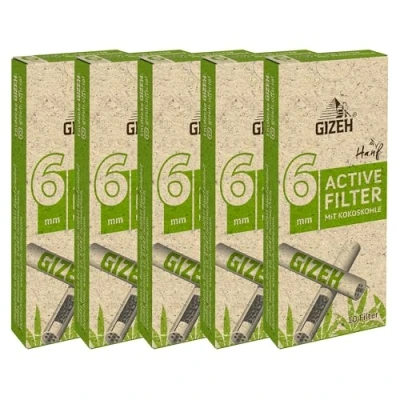 Abbildung von Smokerhontas Gizeh Bio Hanf Aktivkohlefilter Active Filter Ø 6mm 10 Stück pro Packung Aktivkohle Tips mit Keramikkappen und Kokosnusskohle (5 Packungen)