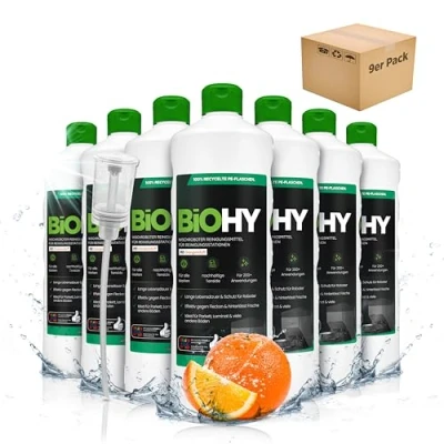 Abbildung von BiOHY Wischroboter Reinigungsmittel für Reinigungsstationen mit Orangenduft (9 x 1 Liter) + Dosierer Verlängert die Lebensdauer der Absaugstation Schaumarmes Bodenreiniger Konzentrat
