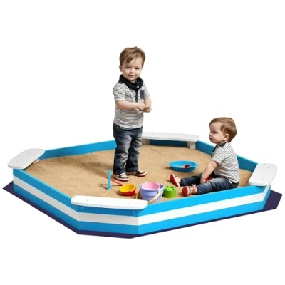 Abbildung von AIYAPLAY Sandkasten 133 x 108 cm Sandkiste aus Holz Sandbox mit Sitzbank, Bodenschutzfolie für 4 Kinder 3 7 Jahre Blau