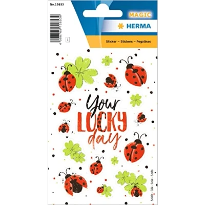 Abbildung von HERMA 15653 Aufkleber Marienkäfer Glück Glitzer klein, 16 Stück, Ladybug Sticker aus Seide Stoff mit Glücksklee Motiv, Kinder Etiketten für Fotoalbum Poesiealbum Scrapbooking Geburtstag Deko Briefe