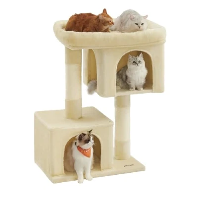 Abbildung von Feandrea Kratzbaum, 101 cm Katzenbaum, XL, Katzenhaus für extra große Katzen bis zu 20 kg, Plattform, 2 Katzenhöhlen, Sisalstämme, beige PCT614M01