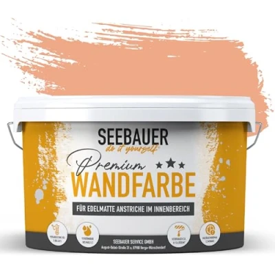 Abbildung von SEEBAUER diy Wandfarbe orange 2,5L für Innen (No. 505 Bali Sunset) Edelmatte Innenfarbe Orangetöne sehr hohe Deckkraft Matt, Abwaschbar und Tropffrei
