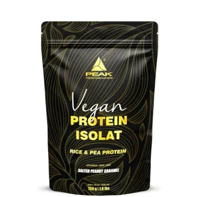 Abbildung von PEAK Vegan Protein Isolat 750g Geschmack Salted Peanut Caramel I 25 Portionen Pulver pflanzliche Proteinquellen: Erbse &amp; Reisprotein für Muskelaufbau Süße aus Stevia GMO free 750 g