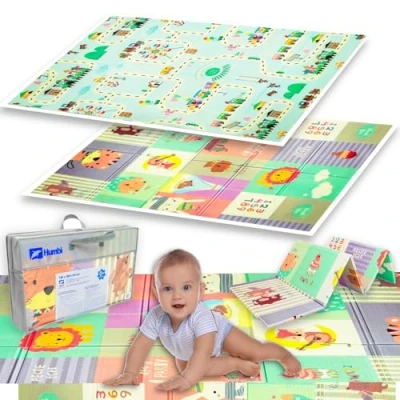 Abbildung von Humbi Spielmatte Baby Krabbelmatte Faltbarer XPE Schaumstoff Doppelseitig Wasserdicht Größe 120x180x1cm Teppich Babymatte rutschfest Tragbar (Tiere/Straßen)