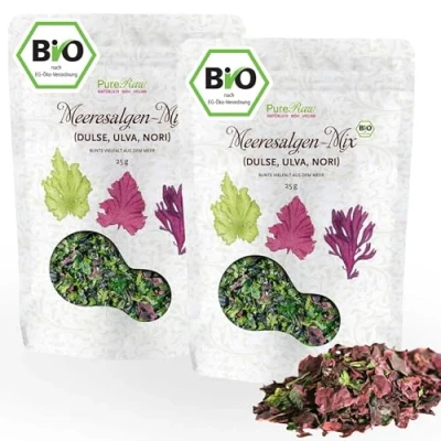 Abbildung von Meeresalgen Mix Bio Algen Flocken Getrocknet Atlantik Dulse Ulva Meersalat Nori (Roh Vegan) Seetang Mischung, Umami Würze, Salzersatz Organic Raw Dried Seaweed Flakes PureRaw 50g (=2x 25g)
