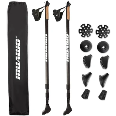 Abbildung von Muawo Nordic Walking Stöcke Premium Carbon verstellbar Teleskopstock (praktischer Beutel, Vollständiges Set mit allen Aufsätzen), federleicht und ultrarobust, Carbon, verstellbar, ergonomisch