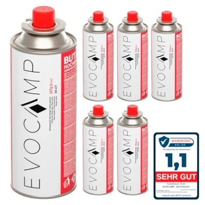 Abbildung von EVOCAMP 6X Stück Butan Gaskartuschen 227g Typ MSF 1a Bajonett Ventil ideal für Campingkocher, Gasheizung, Unkrautbrenner, Camping Gas Butangas Kartusche, Universaldruckgasdose und BBQ