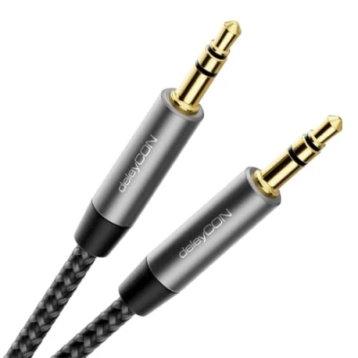 Abbildung von deleyCON 10m Nylon 3,5mm Klinke Audio Stereo AUX Kabel Klinkenkabel Audiokabel Nylonkabel Metallstecker Handy Smartphone Tablet Kopfhörer HiFi Receiver Schwarz