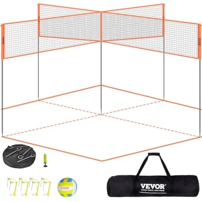 Abbildung von VEVOR Volleyballnetz Höhenverstellbares Set, 4,3 x 2,2 m Tragbarer Beachvolleyball Netz, Orange Faltbare mit Volleyball &amp; Tragetasche, für Garten, Strand