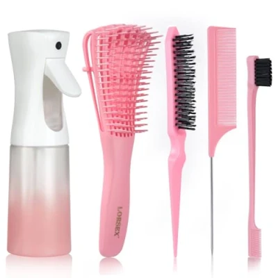 Abbildung von LORSEX Haarbürste mit 200ml Haar Sprühflasche, Entwirrbürste für Naturhaar Afro Haare 3a bis 4c Verworrenes, Welliges, Lockiges Haar, 3 Stück Toupier Bürste Set Doppelkanten (Rosa)