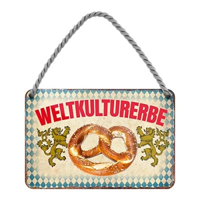 Abbildung von Weltkulturerbe Brezel Metallschild mit Kordel und Saugnapf Schild für Feinschmecker Genießer Gourmets Deko Küche Lokal Restaurant Wirtshaus Bäckerei Bäcker Biergarten 18x12cm