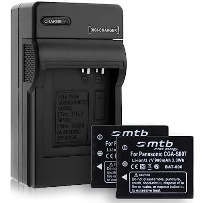Abbildung von 2 Akkus + Ladegerät (KFZ, Netz) für CGA S007 / Panasonic Lumix DMC TZ1 TZ2 TZ3 TZ4 TZ5 TZ11 TZ15 TZ50