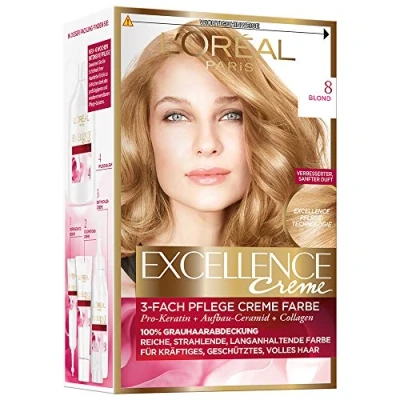 Abbildung von L&#039;Oréal Paris Permanente Haarfarbe, 100 Prozent Grauhaarabdeckung, Haarfärbeset mit Coloration, Shampoo und 3 Fach Pflege Creme Farbe, Excellence Crème 8 Blond