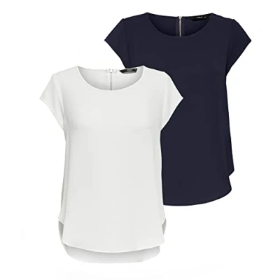 Abbildung von ONLY Damen ONLVIC S/S SOLID 2 Pack TOP, Blusenshirt, Kurzarm, Navy Blazer/Cloud Dancer, 40
