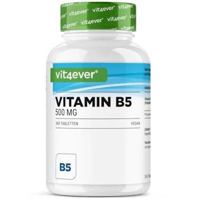 Abbildung von Vitamin B5 (Pantothensäure) 500 mg 365 Tabletten 1 Jahr Vorrat Hochdosiert Ohne unerwünschte Zusätze Vegan