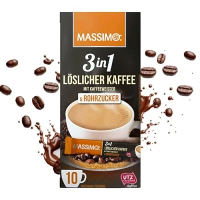 Abbildung von MASSIMO 3in1 Löslicher Kaffee mit Bohnenkaffee, Kaffeeweißer &amp; Rohrzucker 160 Sticks Instantkaffee á 17g, Schnelle Zubereitung, 16er Vorratspackung