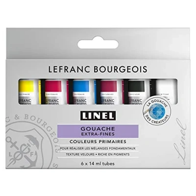 Abbildung von Lefranc &amp; Bourgeois 301239 Linel Gouache extrafeine und geschmeidige Wasserfarben mit maximaler Farbintensität, Leuchtkraft für streifenfreien Auftrag 6 Primärfarben Mischset