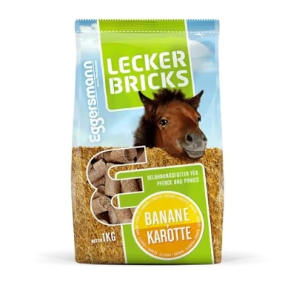 Abbildung von Eggersmann Mein Pferdefutter 1kg Pferde Leckerlis Lecker Bricks für &amp; Ponys Natürlicher Banane Karotte Geschmack Perfekt als Belohnung zwischendurch Zubehör