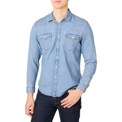 Abbildung von Amazon Essentials Herren Langärmeliges Jeanshemd, Schmale Passform, Hellblau, XXL