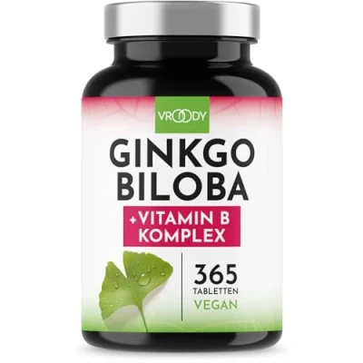 Abbildung von VROODY Ginkgo Biloba Extrakt hochdosiert mit Vitamin B12 trägt zur Verringerung von Müdigkeit und Ermüdung bei 365 kleine Tabletten die leicht einzunehmen sind