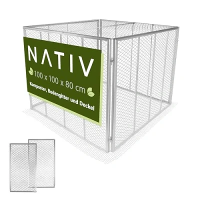 Abbildung von NATIV Garten Komposter 100x100x80 cm mit Deckel, Metallkomposter 800 Liter Volumen, Drahtkomposter für eigenen Kompost, Metall als Kompostsieb nutzbar (Silber, + Deckel)