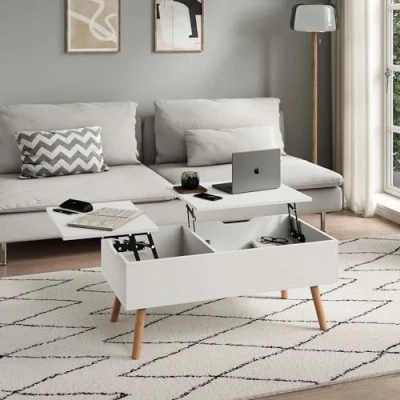 Abbildung von Home Collective Couchtisch Beistelltisch Wohnzimmertisch Tisch Couch höhenverstellbar (für Wohnzimmertisch, Sofatisch, mit Hebefunktion), verstecktem Stauraum und Holzfüßen, 100x50x41,5 cm (BxTxH), Weiß