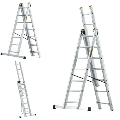 Abbildung von DRABEST Leiter PRO Serie Aluleiter 3 teilig Mehrzweckleiter 3x7 Stufen Multifunktionsleiter Kombileiter bis 150 kg Beslastbar Arbeitshöhe 5,05 m inkl. Eimerhaken