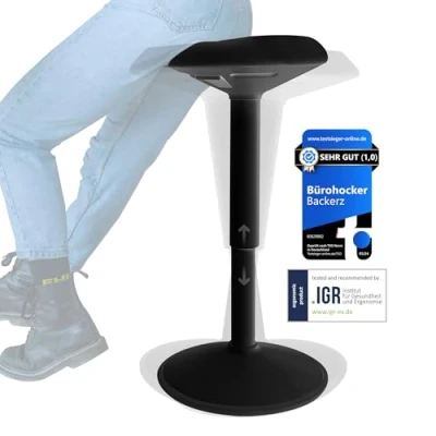 Abbildung von Backerz Ergonomischer Hocker Bürohocker mit 55 80 cm Höhenverstellung Sitz und Stehhocker wackelhocker Arbeitshocker für Zuhause im Büro Bezogen wasserabweisendem Stoff, Mattschwarz