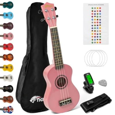 Abbildung von TIGER UKEKIT Ukulele Set für Anfänger, Sopran Ukulele, Stimmgerät, Gurt, Uke Stickers, Ersatzsaiten und Filzplektrum Rosa