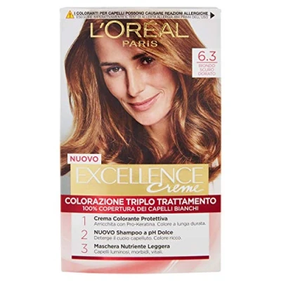 Abbildung von L&#039;Oréal Paris Excellence Creme, Färbefarbe mit dreifacher Behandlung, deckt weißes Haar für ein langanhaltendes Ergebnis, 6,3 dunkelblond, goldfarben